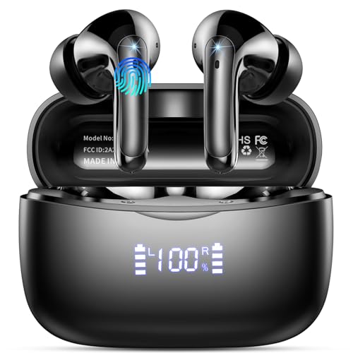 WeurGhy Bluetooth Kopfhörer, Kopfhörer Kabellos Bluetooth 5.3 in Ear Kopfhörer mit 4 ENC Noise Cancelling Mic, 56H HiFi Stereo Tiefbass Spielzeit, IP7 Wasserdicht Ohrhörer LED Anzeige, Kohlenschwarz von WeurGhy