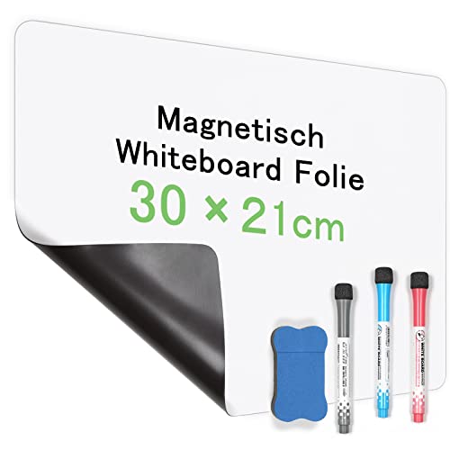 A4 Whiteboard Magnetisch, 21 * 30cm Whiteboard Folie Selbstklebend mit 3 Stifte und Schwamm, Abwischbare Magnetfolie für Glatten Oberflächen in Schule Büro Haus Küche Kühlschrank von Weysoo