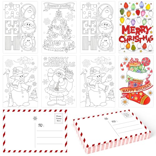 Whaline 48 Stück leere Weihnachts-Malpostkarten 6 Designs zum Ausmalen Merry Xmas Grußkarten zum Ausmalen Ihres eigenen Briefes an den Weihnachtsmann Wunschliste Schreiben für Familie, Schule, von Whaline