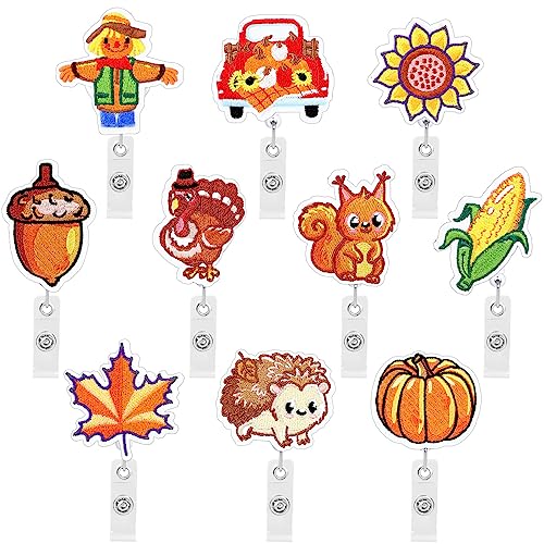 Whaline Herbst Filz Abzeichen Rollen Herbst Thanksgiving Badge Holder Embroidered Pumpkin Sunflower Truthahn Truck Nurse Badge Name ID Badge Reel with Alligator Clips for Teacher Student Nurse Doctor von Whaline