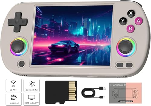Whatsko RG40XX H Handheld Spielkonsole,Duale Joysticks mit RGB-Beleuchtung 4 Inch IPS Screen,Support 5G WiFi Bluetooth 4.2 und HDMI TV-Ausgang,RG40XXH 64G TF Card 5500+ Spielen(Grau) von Whatsko