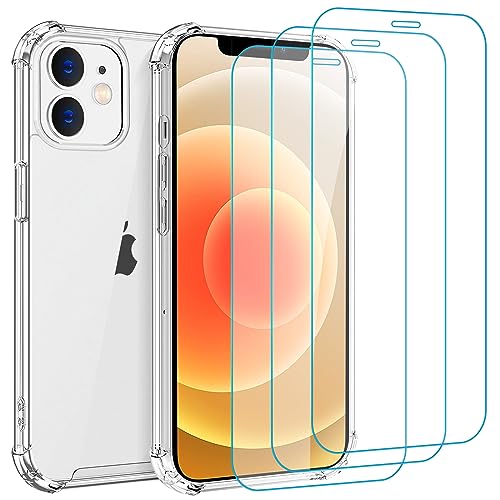 Whioltl Hülle für iPhone 12 Mini mit 3 Stück Schutzfolie, 4 in 1 Durchsichtige Kratzfest Stoßfest Handyhülle, Rundumschutz Nicht Vergilbend Schutzhülle, Transparent Weiches Case von Whioltl