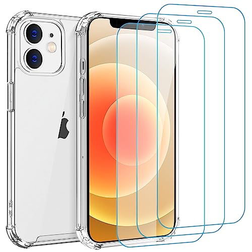 Whioltl Hülle für iPhone 12 und 12 Pro mit 3 Stück Schutzfolie, 4 in 1 Durchsichtige Kratzfest Stoßfest Handyhülle, Rundumschutz Nicht Vergilbend Schutzhülle, Transparent Weiches Cover von Whioltl