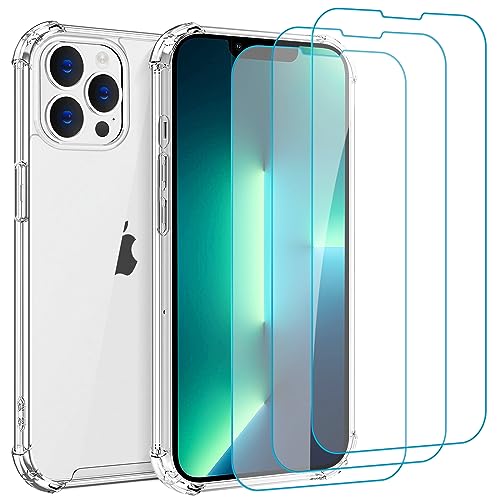 Whioltl Hülle für iPhone 13 Pro Max mit 3 Stück Schutzfolie, 4 in 1 Durchsichtige Kratzfest Stoßfest Handyhülle, Rundumschutz Nicht Vergilbend Schutzhülle, Transparent Weiches Case von Whioltl