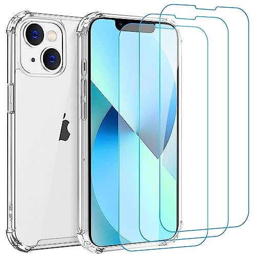 Whioltl Hülle für iPhone 13 mit 3 Stück Schutzfolie, 4 in 1 Durchsichtige Kratzfest Stoßfest Handyhülle, Rundumschutz Nicht Vergilbend Schutzhülle, Ultra Transparent Weiches Case Cover von Whioltl