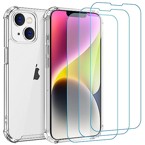 Whioltl Hülle für iPhone 14 Plus mit 3 Stück Schutzfolie, 4 in 1 Durchsichtige Kratzfest Stoßfest Handyhülle, Rundumschutz Nicht Vergilbend Schutzhülle, Ultra Transparent Weiches Case von Whioltl