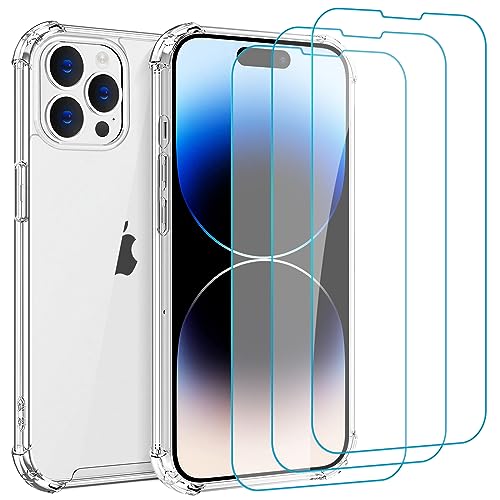 Whioltl Hülle für iPhone 14 Pro mit 3 Stück Schutzfolie, 4 in 1 Durchsichtige Kratzfest Stoßfest Handyhülle, Rundumschutz Nicht Vergilbend Schutzhülle, Ultra Transparent Weiches Cover von Whioltl