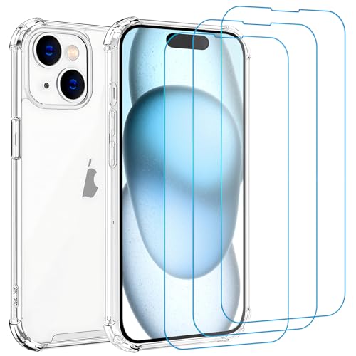 Whioltl Hülle für iPhone 15 mit 3 Stück Schutzfolie, 4 in 1 Durchsichtige Kratzfest Stoßfest Handyhülle, Rundumschutz Nicht Vergilbend Schutzhülle, Ultra Transparent Weiches Case Cover von Whioltl