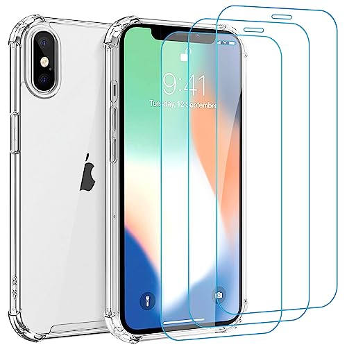 Whioltl Hülle für iPhone X und XS mit 3 Stück Schutzfolie, 4 in 1 Durchsichtige Kratzfest Stoßfest Handyhülle, Rundumschutz Nicht Vergilbend Schutzhülle, Transparent Weiches Case Cover von Whioltl