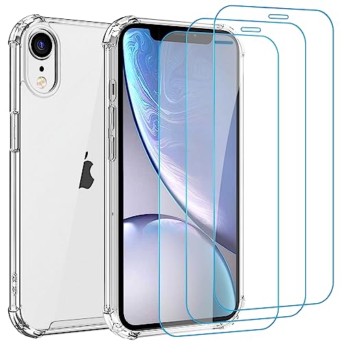 Whioltl Hülle für iPhone XR mit 3 Stück Schutzfolie, 4 in 1 Durchsichtige Kratzfest Stoßfest Handyhülle, Rundumschutz Nicht Vergilbend Schutzhülle, Ultra Transparent Weiches Case Cover von Whioltl