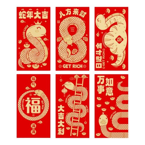 Chinesischer roter Umschlag 2025,Rote Umschläge Schlange 2025 | Goldfolie 2025 Jahr der Schlange Rotes Paket | 6 rote Umschläge mit glücklichem Geld, rote Umschläge für das Hong Bao Frühlingsfest, für von Whnbuij