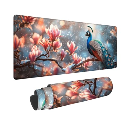 Mauspad 900x300x3mm, Extended Pfau Mousepad XXL, Schreibtischunterlage Magnolie Mousepad Schreibtisch Zubehör, Waterproof Surface, Non-Slip Rubber Base - Stitched Edges, Geschenke für MäNner WR-376 von Whoonng