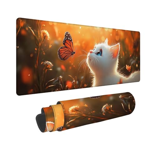 Mauspad Katze Mousepad Herbst (1) Schreibtischunterlage, Wassxerdicht VerläNgertes Desk Mat, Rutschfeste Gummibasis Mouse Pad mit VernäHte Kanten Gaming, BüRo, Geschenke für Frauen 900x300x3mm WR-1047 von Whoonng