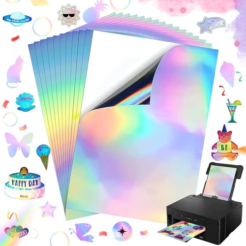 20 Stück Blätter Holographische Aufkleber Papier Bedruckbar, A4 Holografischer Selbstklebend Nicht Transparent, Vinyl Aufkleberfolie für Tintenstrahldrucker, Personalisierte Karten von WiDream