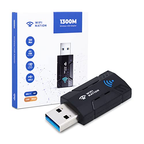 WiFi Nation® WLAN-Dongle 1300 Mbit/s WLAN-Adapter, 2,4 G/5 G, Dual Band, Mini USB 3.0, 802.11ac, kabelloser Netzwerkadapter für PC, Desktop, Laptop, Windows, MacOS und die meisten Linux Distros von WiFi Nation