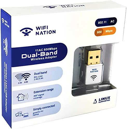 WiFi NationWLAN-Dongle Mini 802.11ac AC600 USB WLAN-Adapter, Chipsatz: Realtek RTL8811AU, Dual Band 2,4 GHz oder 5 GHz, Windows, MacOS und Linux unterstützt, Weiß von WiFi Nation