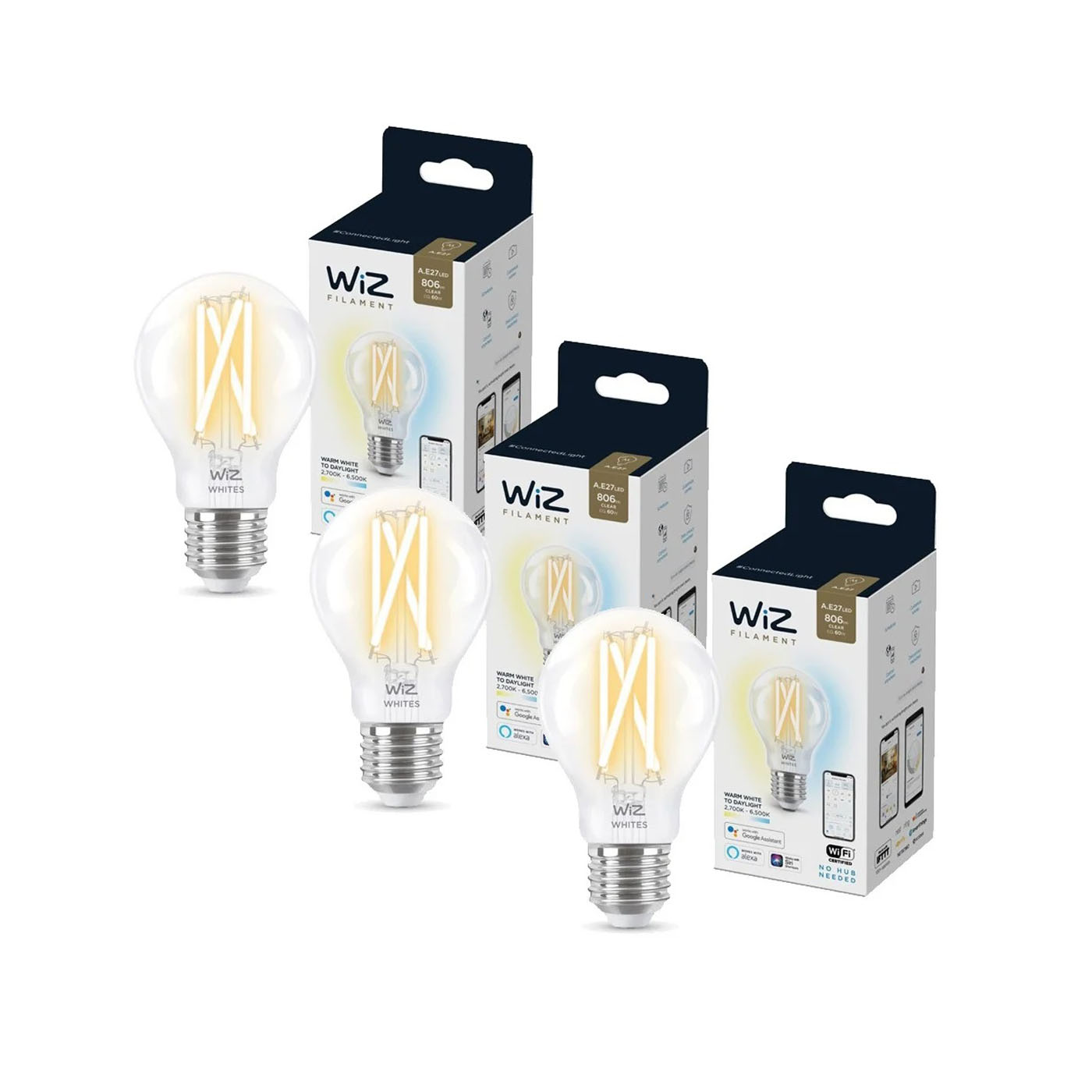 WiZ - 3xA60 Klare Glühbirnen E27 Einstellbares Weiß - Bundle von WiZ