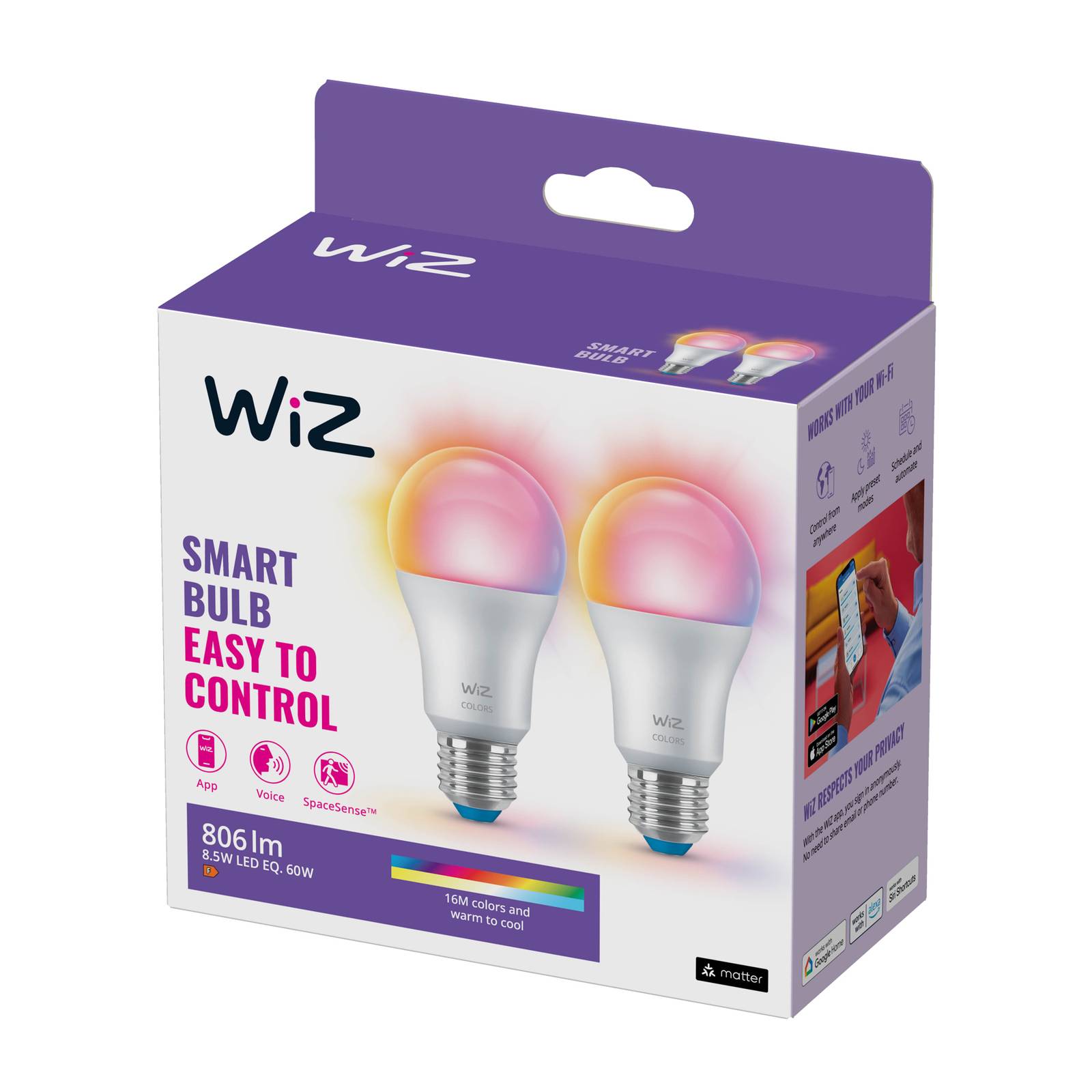 WiZ A60 LED-Lampe matt WiFi E27 8,5W RGBW 2er-Set von WiZ