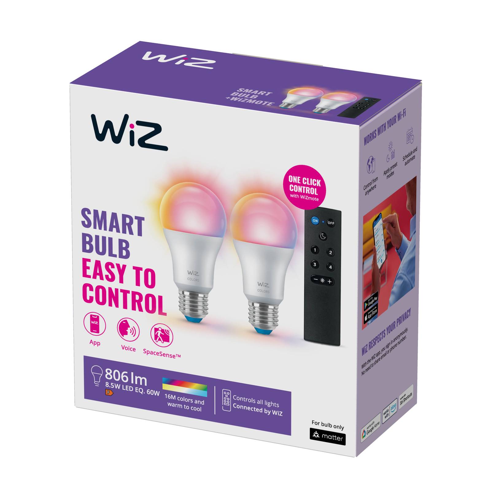 WiZ A60 LED matt WiFi E27 8,5W RGBW Remote 2er-Set von WiZ