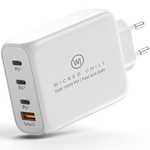 Wicked Chili 100W USB C GaN II Ladegerät | 4 Port Fast Charger PD Netzteil Mit PPS Kompatibel Mit MacBook Pro, iPhone 16, 15, 14, 13 Pro Max Mini & iPad (3X USB-C / 1x USB-A, Weiss) von Wicked Chili
