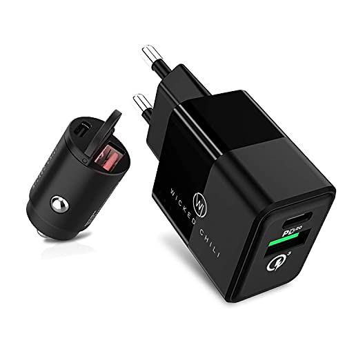 Wicked Chili 20W Dual USB Netzteil und 30W Dual KFZ USB Ladegerät kompatibel mit iPhone 14, 13, 12, 11 (Pro, Max, Plus, Mini) XS, X, 8 SE 2020 und geeignet für Samsung Galaxy - 50W Fast Charge Set von Wicked Chili