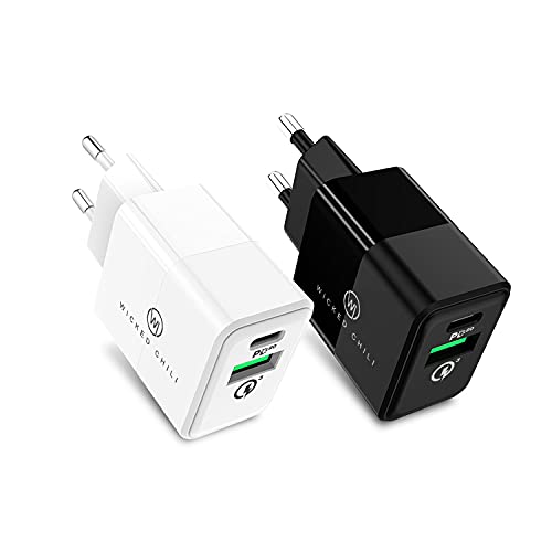 Wicked Chili 2X 20W Dual USB-Netzteil mit USB-A und USB-C Anschluss, Fast Charge Adapter Bundle, Universal kompatibel mit iPhone 16, 15, 14, 13, 12, 11 (Pro, Max, Plus, Mini), Samsung und MagSafe und von Wicked Chili