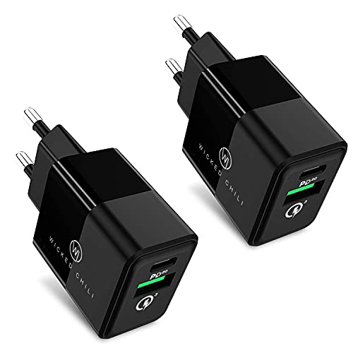 Wicked Chili 2er Set 20W Dual USB-Netzteil mit USB-A und USB-C Anschluss, Fast Charge Adapter Bundle, Universal kompatibel mit iPhone 16, 15, 14, 13, 12, 11 (Pro, Max, Plus, Mini), Samsung und MagSafe von Wicked Chili