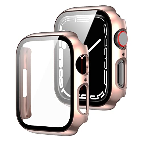 Wigento Für Apple Watch Serie 9/8 / 7 41mm 2 in 1 Shockproof TPU Silikon Hülle Cover + H9 Hart Glas Rose Gold von Wigento