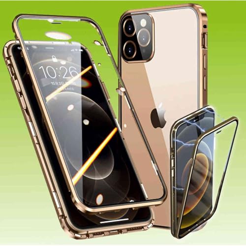 Wigento Für Apple iPhone 13 Pro Max Beidseitiger 360 Grad Magnet/Glas Case Hülle Handy Tasche Bumper Gold von Wigento