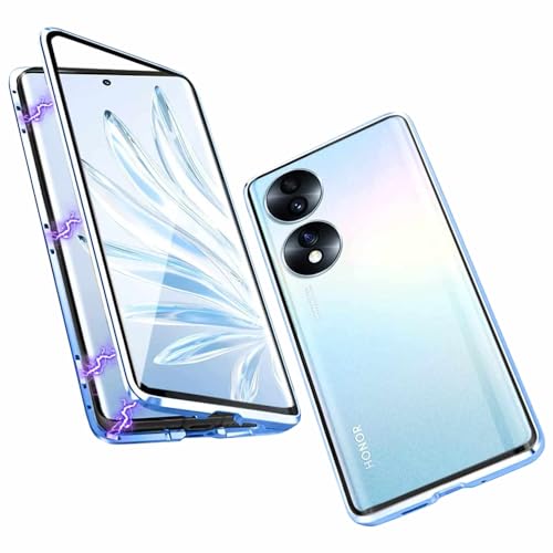 Wigento Für Honor 90 Beidseitiger 360 Grad Magnet Glas Hülle Handy Tasche Bumper Blau von Wigento