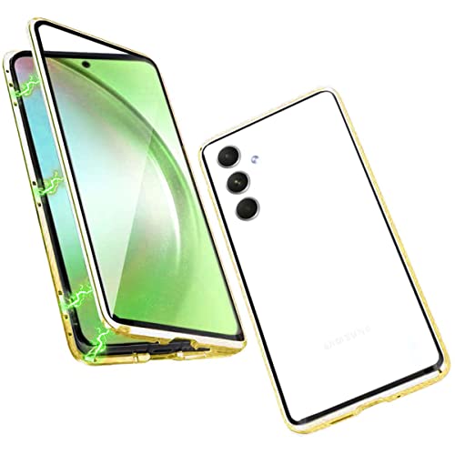 Wigento Für Samsung Galaxy A34 5G Beidseitiger 360 Grad Magnet Glas Hülle Handy Tasche Bumper Gold von Wigento