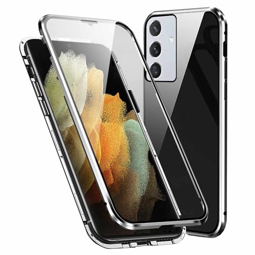 Wigento Für Samsung Galaxy A55 Beidseitiger 360 Grad Magnet Glas Hülle Handy Tasche Bumper Silber von Wigento