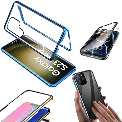 Wigento Für Samsung Galaxy S23 Ultra Beidseitiger 360 Grad Magnet/Glas Case Hülle Handy Tasche Bumper Blau von Wigento