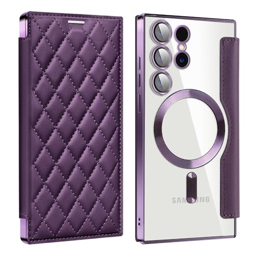 Wigento Für Samsung Galaxy S24 Ultra 360 Grad Full Body Magsafe RFID Anti Datenklau Kunst Leder Hülle Tasche Smart Cover Lila von Wigento