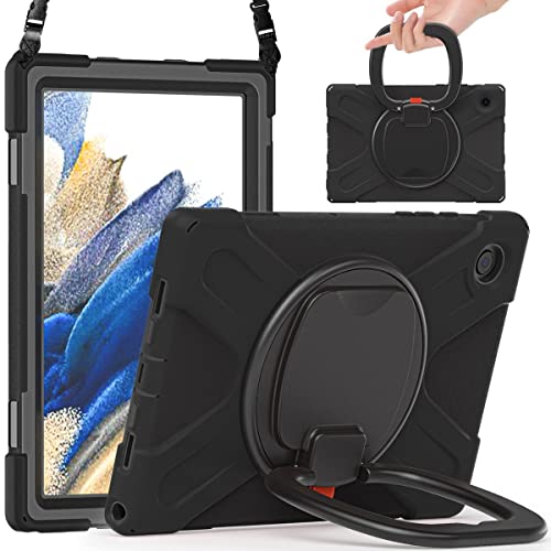 Wigento Für Samsung Galaxy Tab A8 2021 X205 X200 aufstellbare Outdoor Hybrid Schwarz 360 Grad mit Trage Gurt Tablet Tasche Etuis Cover Case Schutz Robust Neu von Wigento