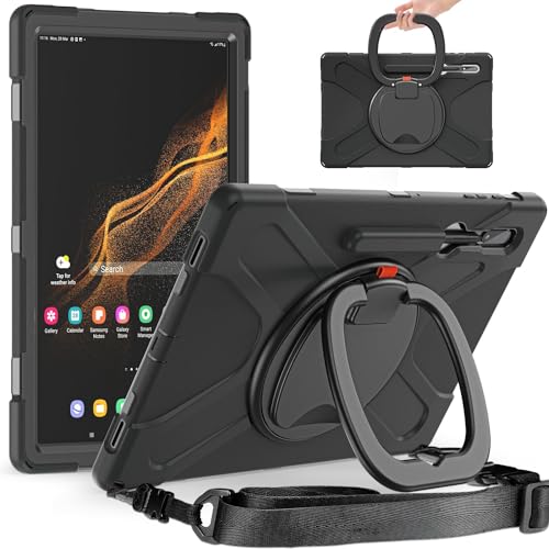 Wigento Für Samsung Galaxy Tab S9 S8 Ultra aufstellbare Outdoor Hybrid Schwarz 360 Grad mit Trage Gurt Halte-Ring Tablet Tasche Etuis Cover Case Schutz Robust Neu von Wigento