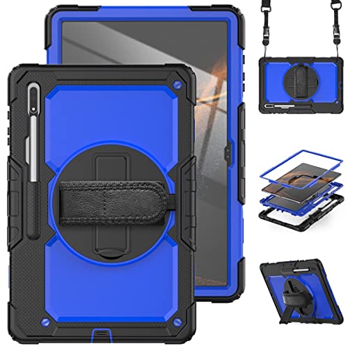 Wigento Für Samsung Galaxy Tab S9 Ultra / S8 Ultra aufstellbare Outdoor Hybrid Blau 360 Grad mit Trage Gurt Tablet Tasche Etuis Cover Case Schutz Robust Neu von Wigento