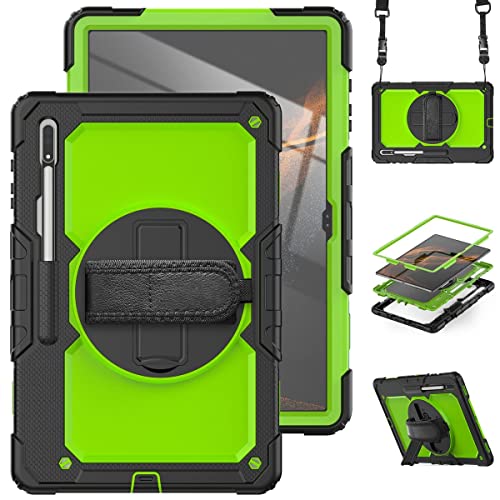Wigento Für Samsung Galaxy Tab S9 Ultra / S8 Ultra aufstellbare Outdoor Hybrid Grün 360 Grad mit Trage Gurt Tablet Tasche Etuis Cover Case Schutz Robust Neu von Wigento