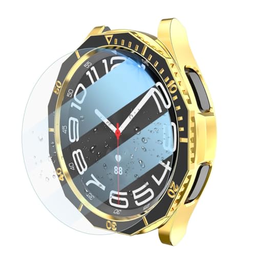 Wigento Für Samsung Galaxy Watch 6 Classic 43mm Set aus Hülle + Hart Glas + Lünettenring Schwarz/Gold von Wigento