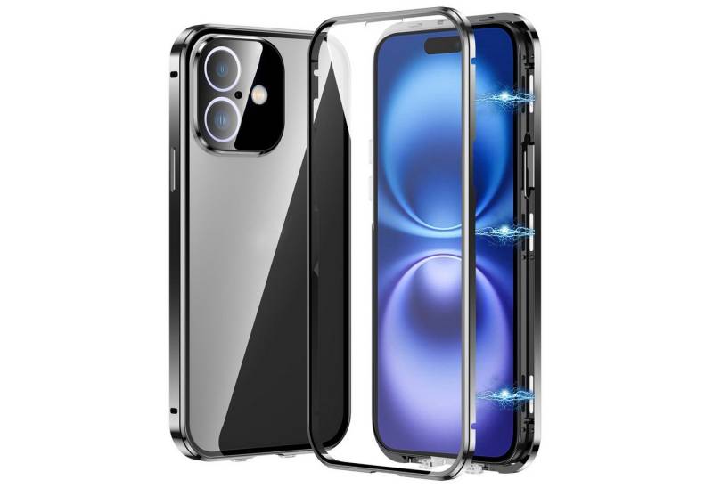 Wigento Handyhülle Für Apple iPhone 16 Beidseitiger 360 Magnet Glas Hülle Bumper Schwarz, Magnetische Metallrahmenhülle mit beidseitigem Hartglas von Wigento