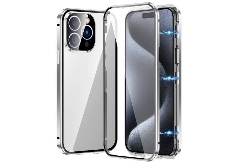 Wigento Handyhülle Für Apple iPhone 16 Pro Max Beidseitiger Magnet Glas Bumper Silber, Magnetische Metallrahmenhülle mit beidseitigem Hartglas von Wigento