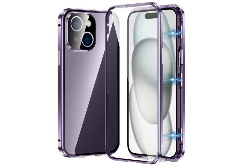Wigento Handyhülle Für Apple iPhone 16 Pro Max Beidseitiger Magnet Glas Hülle Bumper Lila, Magnetische Metallrahmenhülle mit beidseitigem Hartglas von Wigento