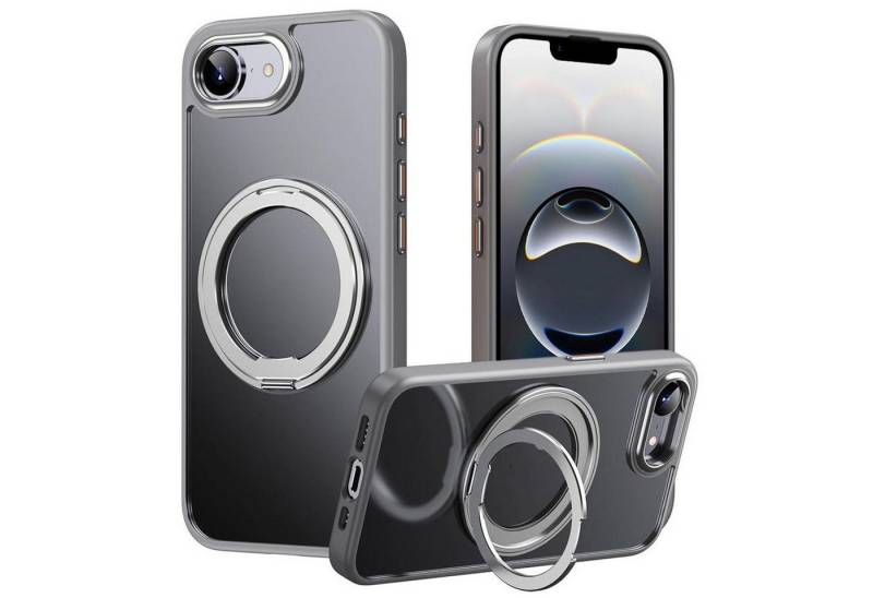 Wigento Handyhülle Für Apple iPhone 16e Frosted 360 Ring MagSafe TPU + PC Hülle Case Grau, Magnetische Hülle mit Ringhalter und 360 Grad Rotation von Wigento
