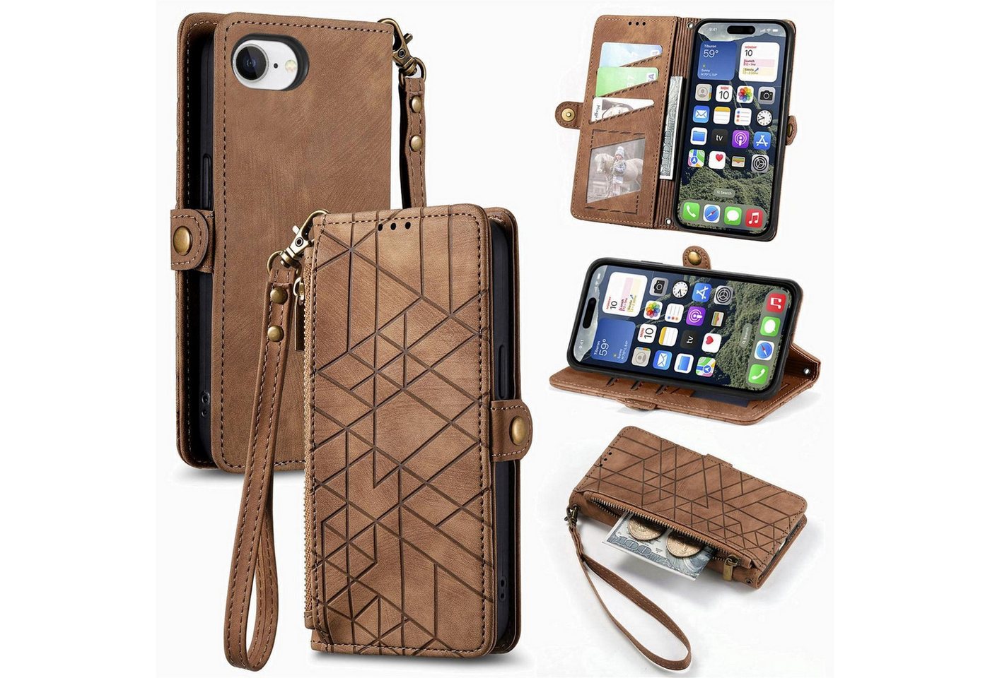 Wigento Handyhülle Für Apple iPhone 16e Kunstleder Design Zipper Book Wallet Tasche Braun, Kartenfächer, Reißverschlussfach, Standfunktion Wigento Handyhülle Für Apple iPhone 16e Kunstleder Design Zipper Book Wallet Tasche Braun, Kartenfächer, Reißverschlussfach, Standfunktion von Wigento