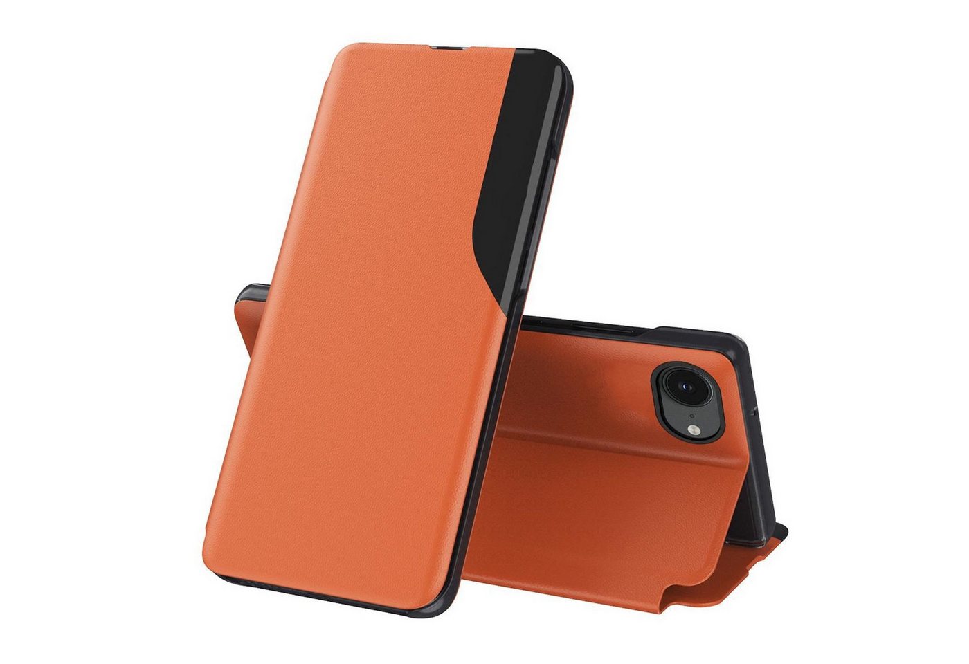Wigento Handyhülle Für Apple iPhone 16e Magnetische Flip Hülle Side Window View Orange, Flip Case mit Sichtfenster und Standfunktion von Wigento