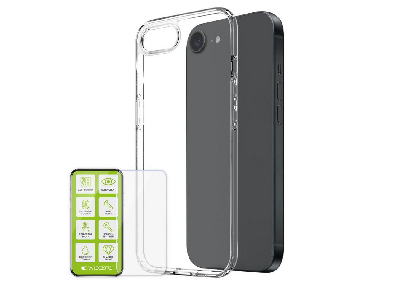 Wigento Handyhülle Für Apple iPhone 16e Silikon TPU Hülle Transparent + 9H Hart Glas, Produktset TPU Hülle mit Hart Glas von Wigento