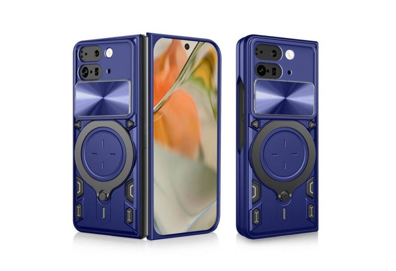 Wigento Handyhülle Für Google Pixel 9 Pro Fold Sliding Kamera Hybrid Ring Hülle Case Blau, CD Texture, Schiebekameraabdeckung, Magnetischer Halter von Wigento