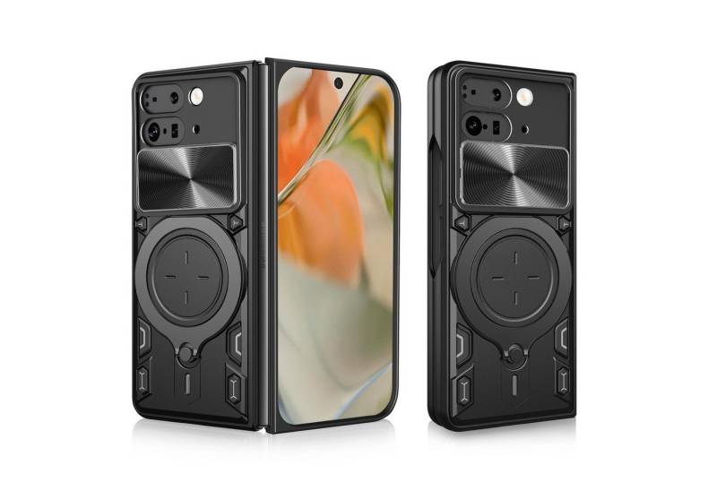 Wigento Handyhülle Für Google Pixel 9 Pro Fold Sliding Kamera Hybrid Ring Hülle Schwarz, CD Texture, Schiebekameraabdeckung, Magnetischer Halter von Wigento