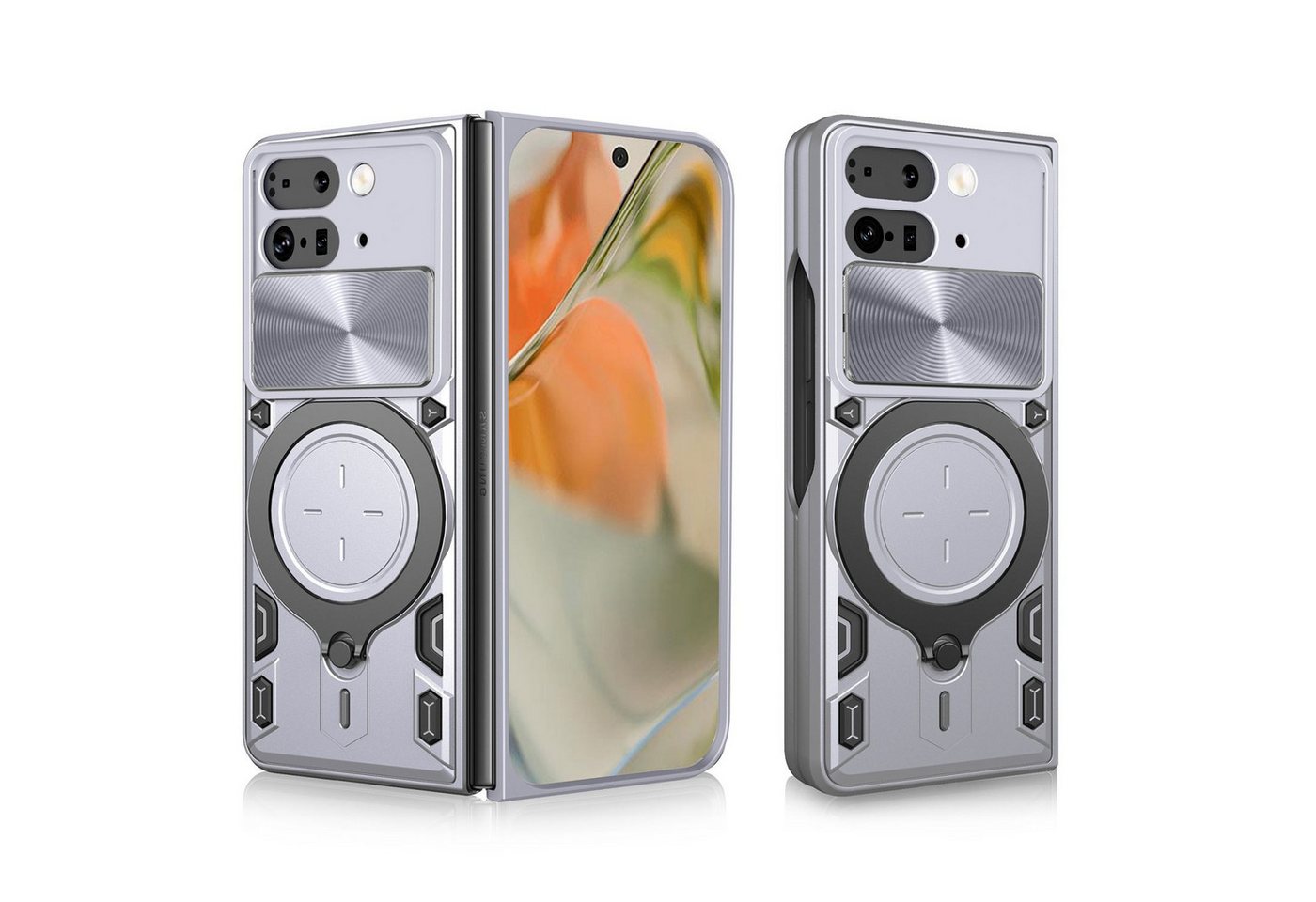 Wigento Handyhülle Für Google Pixel 9 Pro Fold Sliding Kamera Hybrid Ring Hülle Silber, CD Texture, Schiebekameraabdeckung, Magnetischer Halter von Wigento