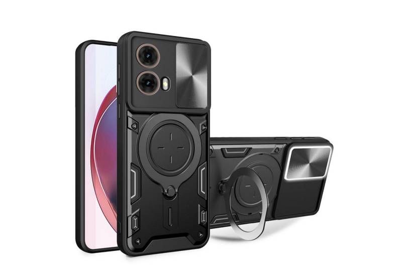 Wigento Handyhülle Für Motorola Moto G85 CD Textur Sliding Kamera TPU Hülle Ring Schwarz, CD Texture, Schiebekameraabdeckung, Magnetischer Halter von Wigento